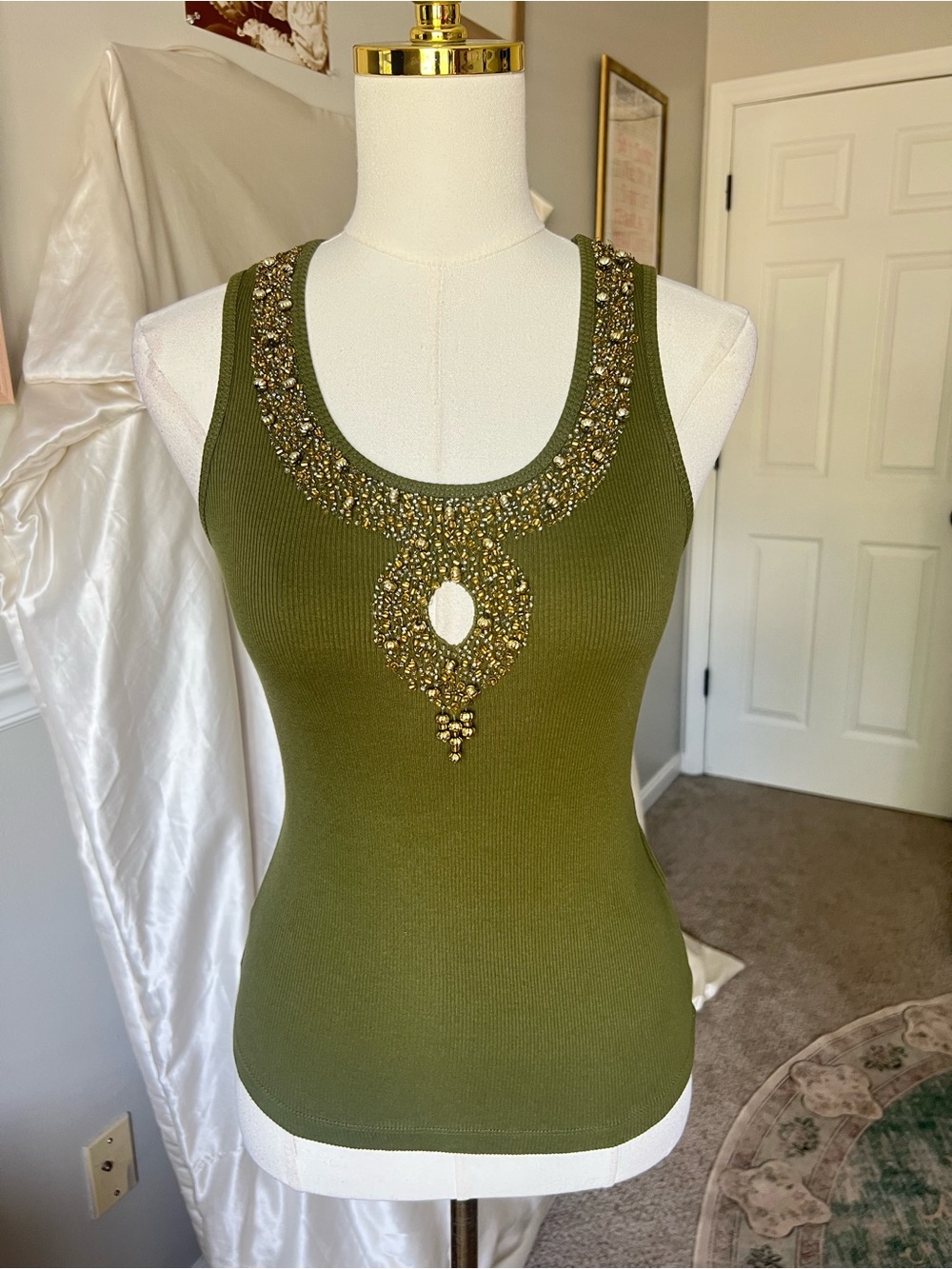 Vintage Y2K Bebe Olive Beaded Tank Top - Picture 2 of 5